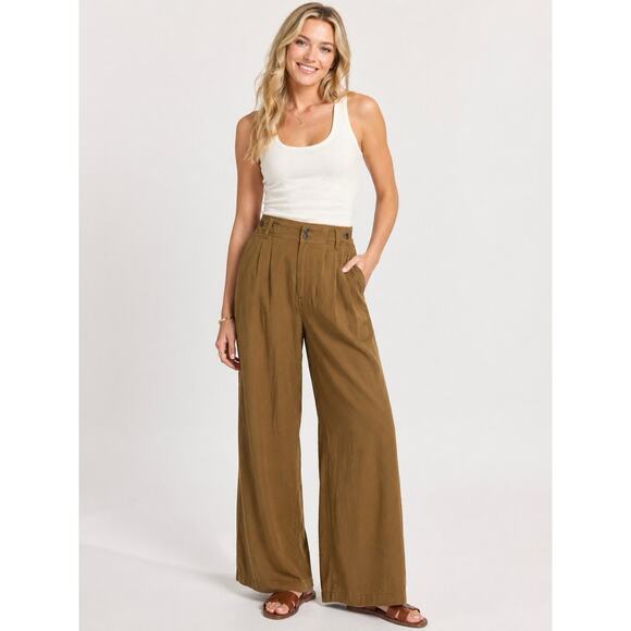 Madewell Pants - Madewell The Harlow Wide-Leg Pant 8 P Spiced Pleated Front Linen Blend Acorn Tan